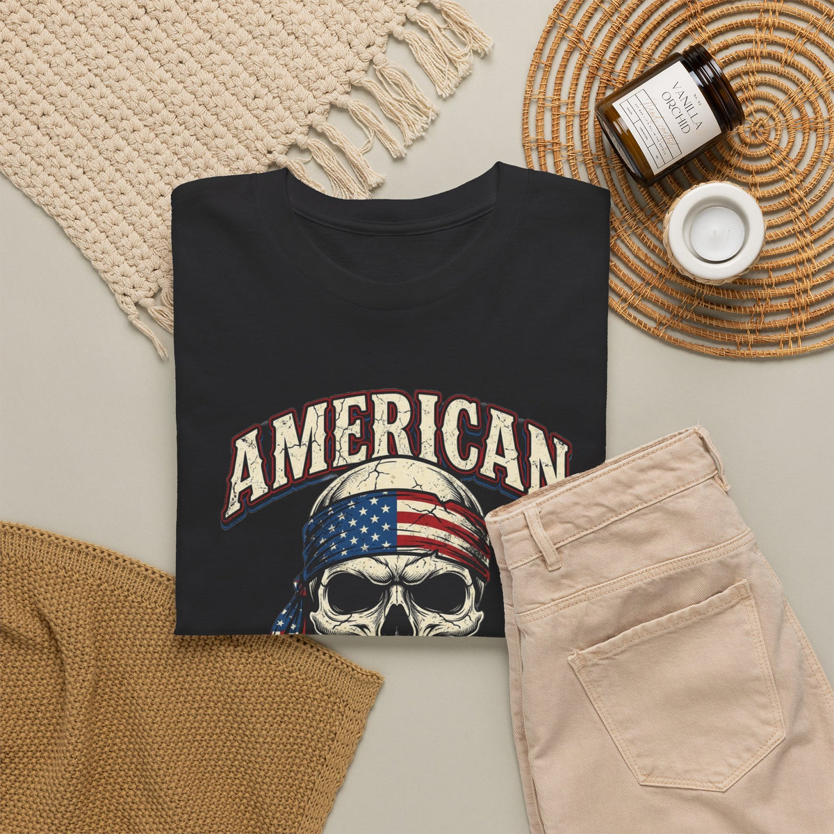 American Shiz Skull Tee - Vintage Flag Bandana Graphic T-Shirt