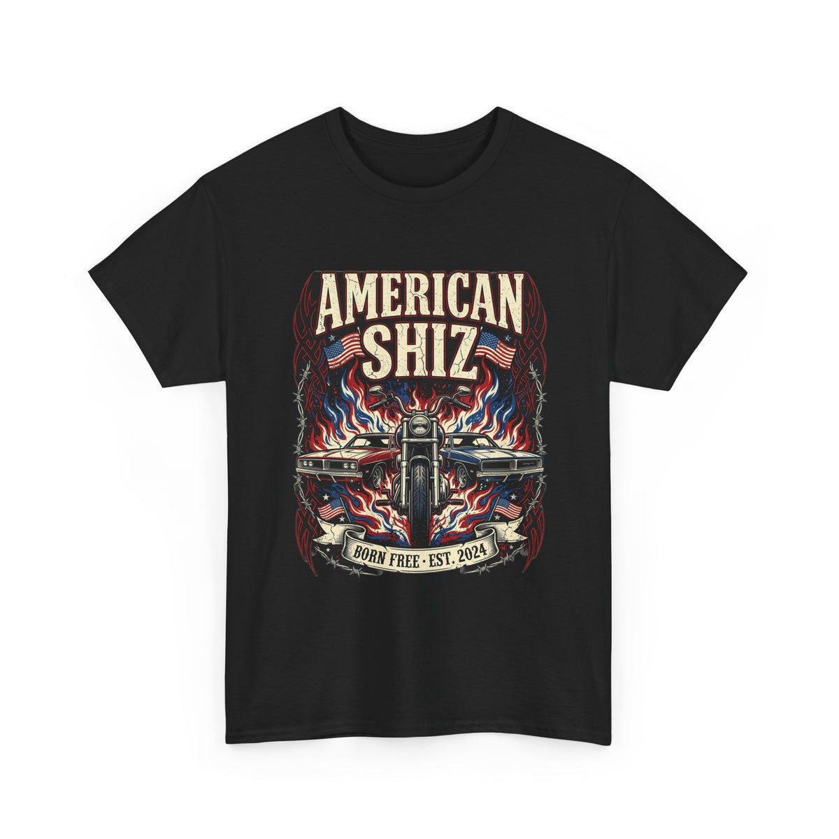 American Shiz Graphic Tee — Born Free Motorcycle Flag Design
