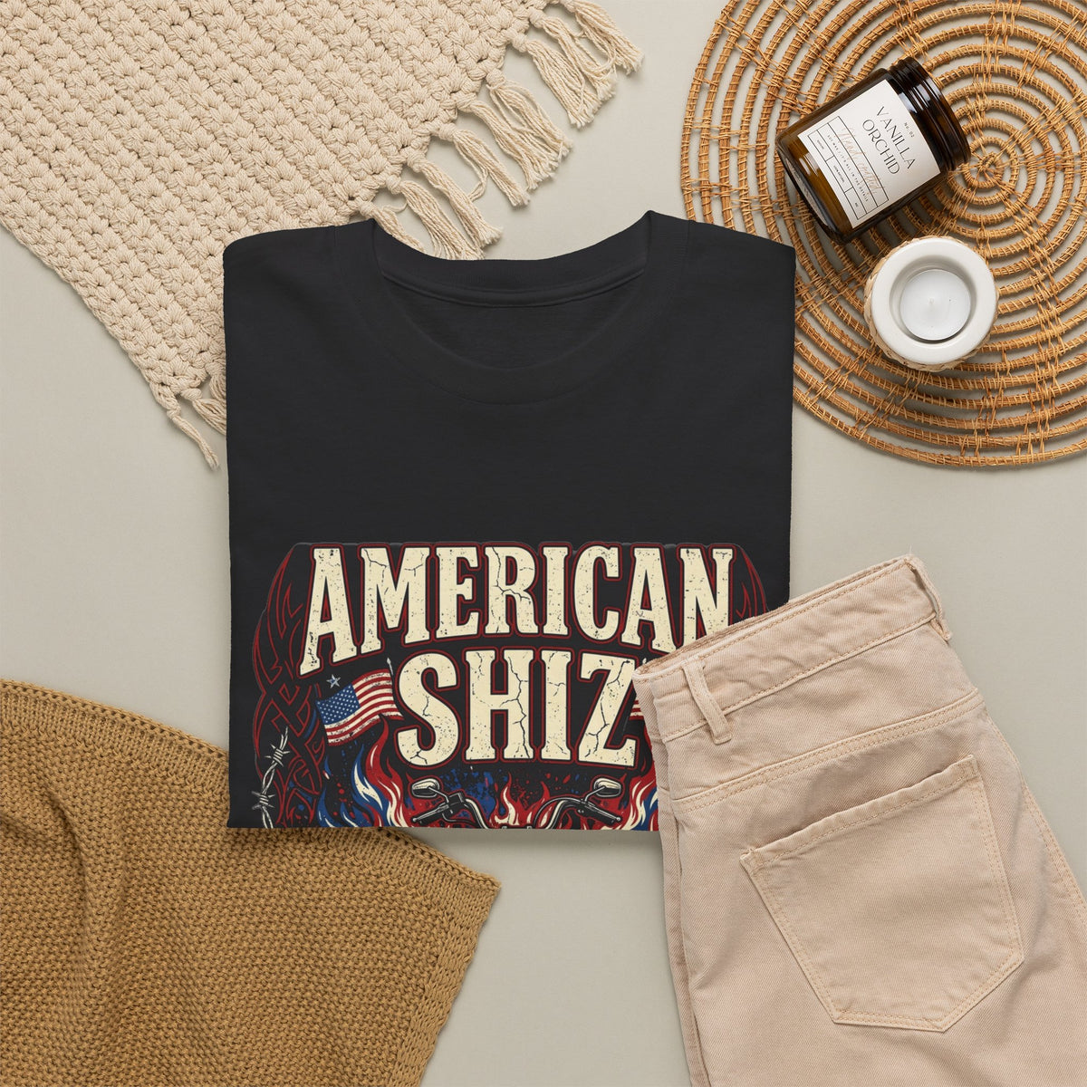 American Shiz Graphic Tee — Born Free Motorcycle Flag Design